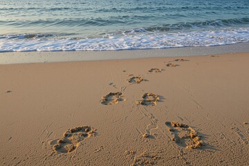 Obraz premium Footprints on a sandy beach leading toward the gentle waves of a calm sea during sunset.