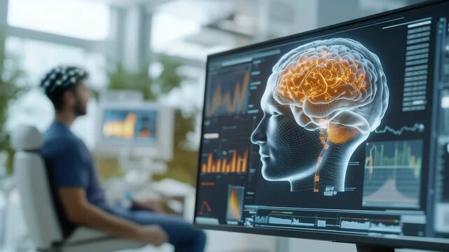 Patient Brain Activity with EEG Headset on a Computer Displaying Neural Data, Research Shows During Scanning : Brain-Computer Interface Research, Innovation in Cognitive Research and Diagnostics