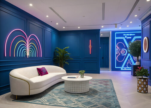 Vibrant living space with deep blue walls, abstract neon wall decor, matte white sculptural coffee table, retro-futuristic interior design, clean composition, and creative lighting style

