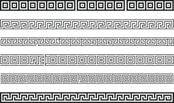 Collection of classic greek key pattern borders in various styles for decorative design projects
