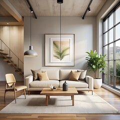 Neutral loft with large framed minimalist composition, Spacious neutral loft featuring large framed minimalist wall art
