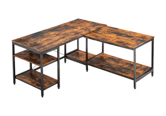 Rustic l-shaped desk with metal frame and shelves, On Transparent Background, Png Image
