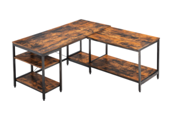 Rustic l-shaped desk with metal frame and shelves, On Transparent Background, Png Image