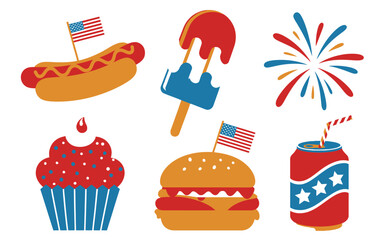 Set of american patriotic food and drink icons for independence day celebrations