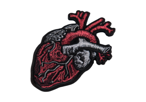 Anatomical heart embroidered patch red black grey design, On Transparent Background, Png Image