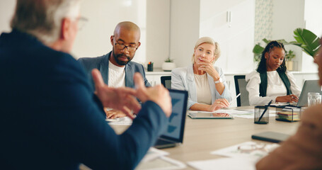 Business, discussion and people in office for finance, company budget and explain expenses at tech....