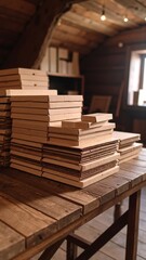 Obraz premium A rustic wooden table adorned with a stack of colorful books, some open, revealing vibrant pages, surrounded by a cozy reading nook ambiance.