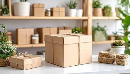 A rustic wooden table adorned with various colorful boxes and vibrant green plants, creating a lively and inviting atmosphere in a cozy indoor setting.
