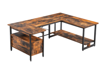 Rustic l-shaped desk with storage and shelves industrial farmhouse office furniture, On Transparent Background, Png Image
