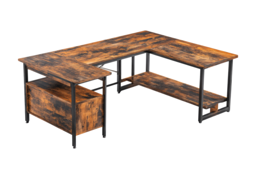Rustic l-shaped desk with storage and shelves industrial farmhouse office furniture, On Transparent Background, Png Image