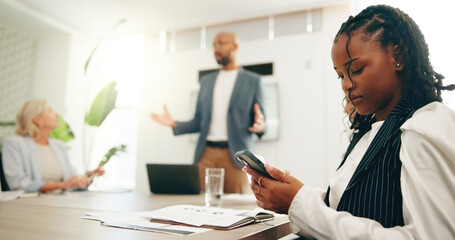 Phone, meeting and distracted with business woman in office for policy violation, rude and bad...