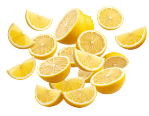 Fototapeta premium Fresh whole and sliced lemons floating on white background