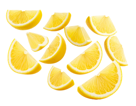 Fresh whole and sliced lemons floating on white background