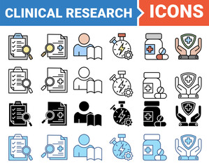 Clinical research banner icon set with multiple style collection.