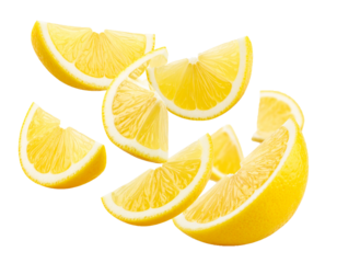 Fresh whole and sliced lemons floating on white background