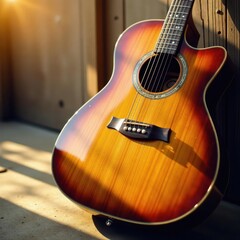 Sun-drenched vintage guitar, wood grain backdrop, wooden, image
