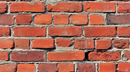 Obraz premium Close-up shot of a weathered red brick wall with gray mortar between the bricks