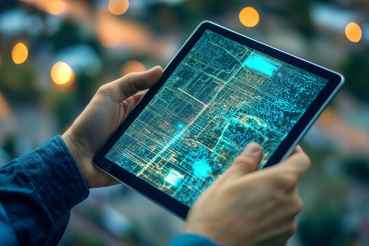 GIS specialist using a tablet with a digital interface overlay showing geospatial data, satellite imagery, technology graphs location analysis, mapping trends, spatial patterns, geographic mapping