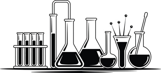 Black and white illustration of various laboratory glassware and equipment for scientific research
