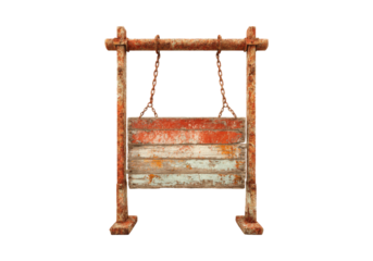 Rustic weathered wooden sign hanging on rusty metal frame, On Transparent Background, Png Image