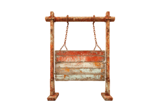 Rustic weathered wooden sign hanging on rusty metal frame, On Transparent Background, Png Image