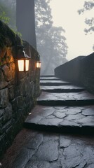 Stone Steps, Foggy Forest Path