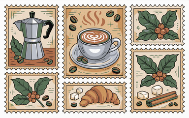 Charming coffee themed postage stamp collection depicting brewing equipment coffee cup and complementary food elements