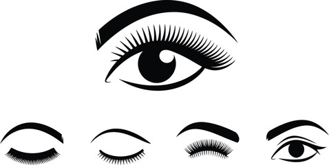 Vector illustration of stylized eyes in various states open and closed representing beauty and aesthetics.