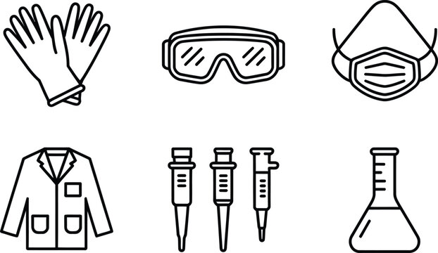 Vector illustration of essential laboratory tools and protective equipment in black and white