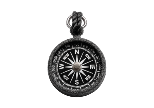 Black compass with rope pendant, navigation tool, direction finder, On Transparent Background, Png Image