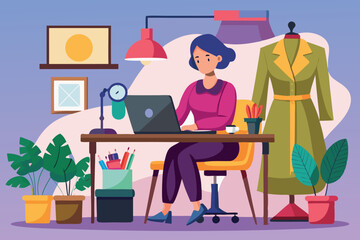 Fototapeta premium Creative workspace with a focused woman working on a laptop, surrounded by plants and fashion items in a modern setting