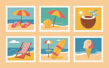 Cute summer beach holiday themed stamp illustrations featuring vacation and leisure elements