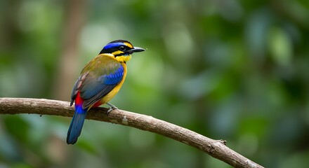 Obraz premium Vibrant Blue-rumped Pitta Perched on a Branch in Lush Green Forest, Stunning Colorful Bird Photography
