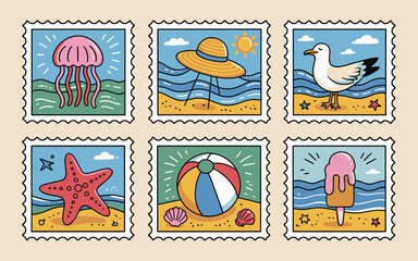 Whimsical illustrations of summer beach elements arranged as postage stamps for decorative design