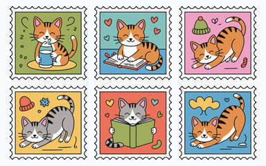 Adorable cartoon cat stamps collection featuring various activities and expressions in colorful design
