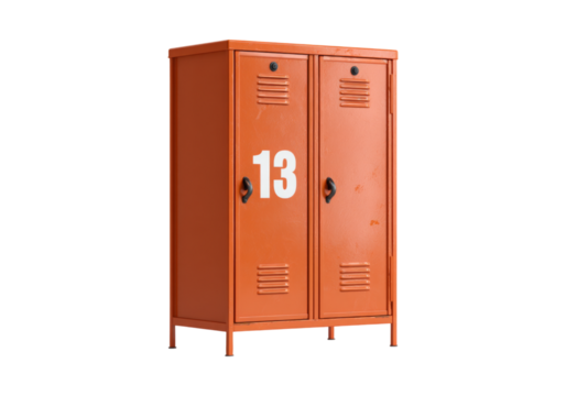 Orange metal locker number thirteen school storage cabinet, On Transparent Background, Png Image
