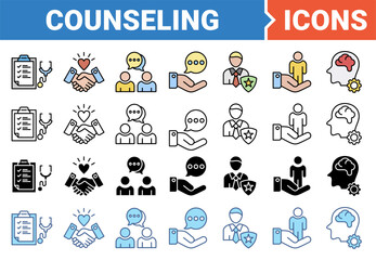 Counseling banner icon set with multiple style collection.