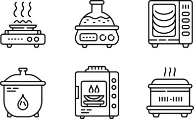 Vector illustration of various laboratory heating devices with steaming elements in simple line art style