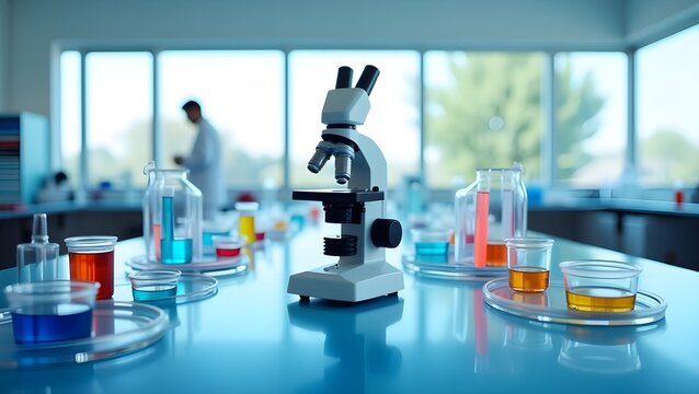 A clean scientific lab setup with a microscope and colorful fluids on the table 