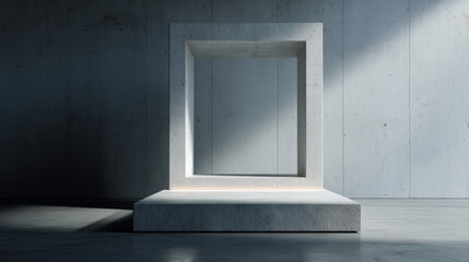 Minimalist composition of concrete podium and frame.