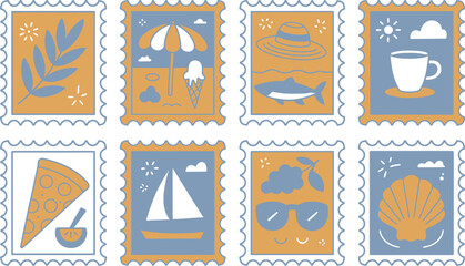 Charming illustrated collection of decorative stamps featuring summer, travel, and food related icons and objects