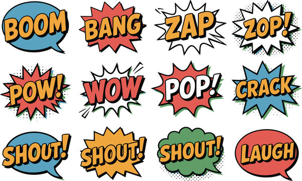Colorful comic book sound effects expressions and speech bubbles in pop art style illustration