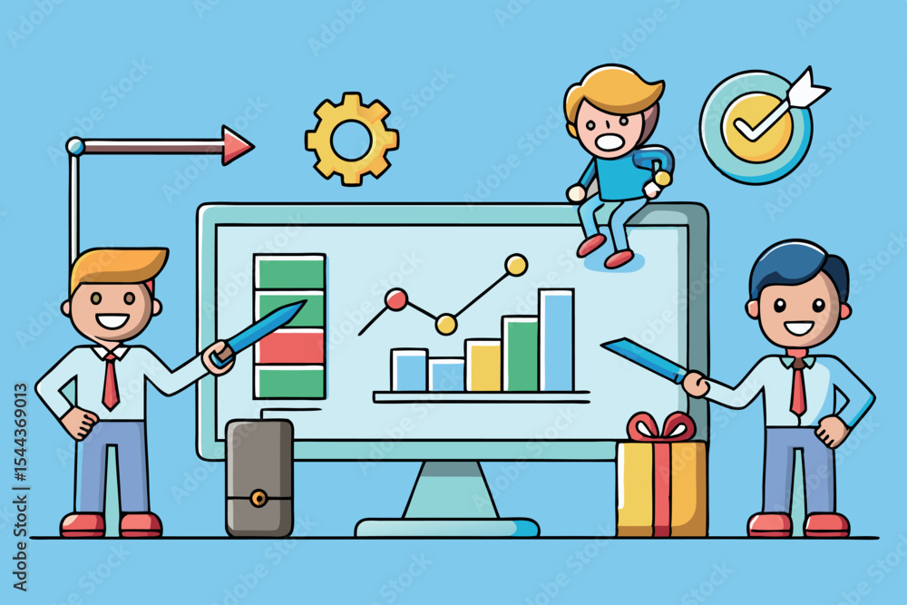 Poster business presentation featuring analytics and teamwork in a colorful office setting
