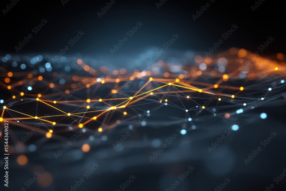 Poster detailed futuristic grid network filled with glowing nodes, representing interconnected data.