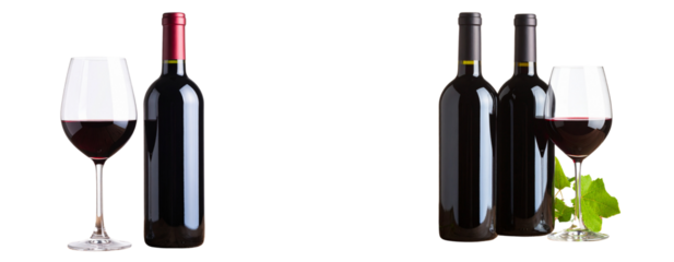  Elegant Red Wine Bottle with Filled Glass on Wooden Table, isolated on transparent background PNG