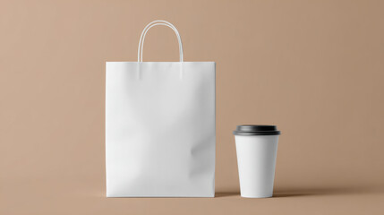 Mockup of white paper bag and coffee cup.