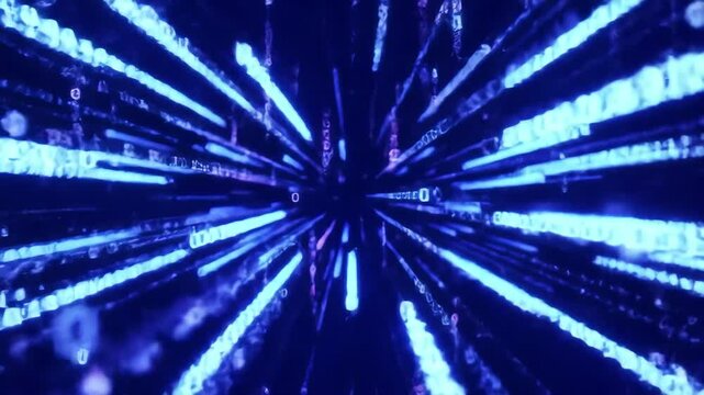 Digital data stream with glowing binary code in motion