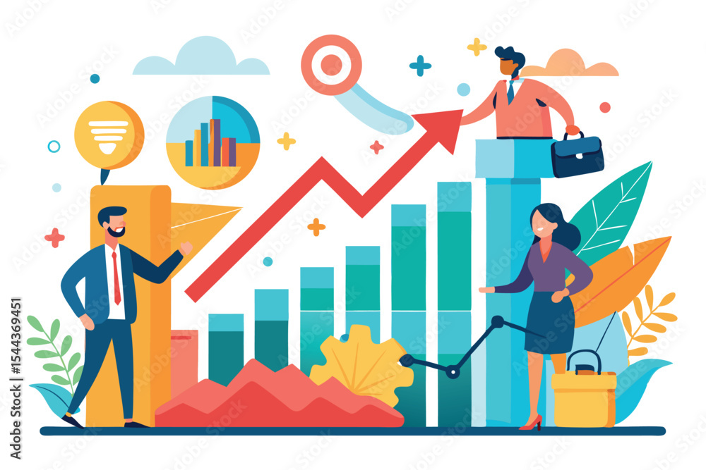 Poster growth strategies and analytics in business setting featuring diverse professionals collaborating an