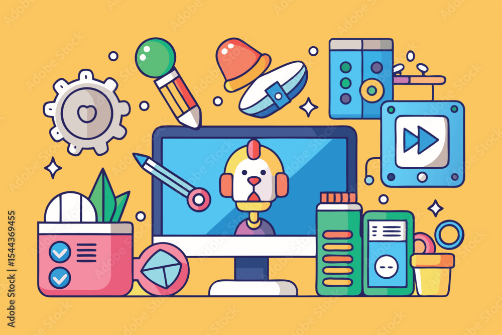 Poster creative workspace featuring a cartoon character and tech elements in a vibrant design