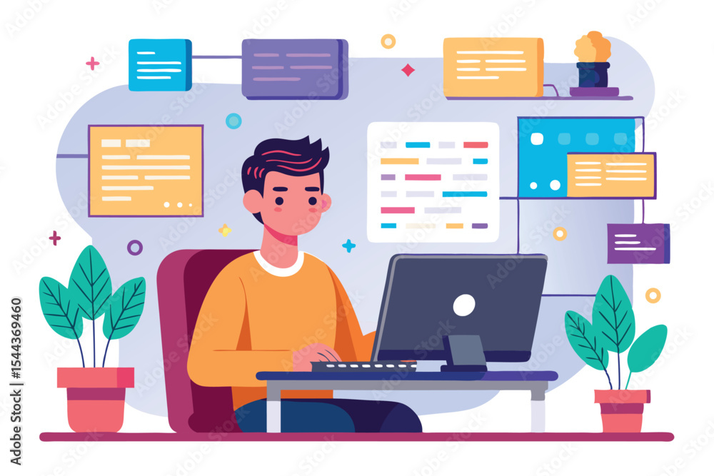 Poster young man working on computer in cozy workspace at home during daytime for project development